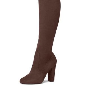 Brown Faux Suede Over The Knee Chunky Heel Boots